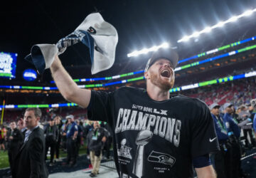 FILE - Seattle Seahawks quarterback Sam Darnold celebrates his team's Super Bowl LX victory over the New England Patriots in Santa Clara, Calif. Feb. 8, 2026. (AP Photo/Matt Slocum, File)