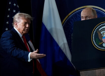 President Donald Trump and Russian President Vladimir Putin arrive for a press conference at Joint Base Elmendorf-Richardson in Anchorage, Ala., Aug. 15, 2025. (AP Photo / Julia Demaree Nikhinson)